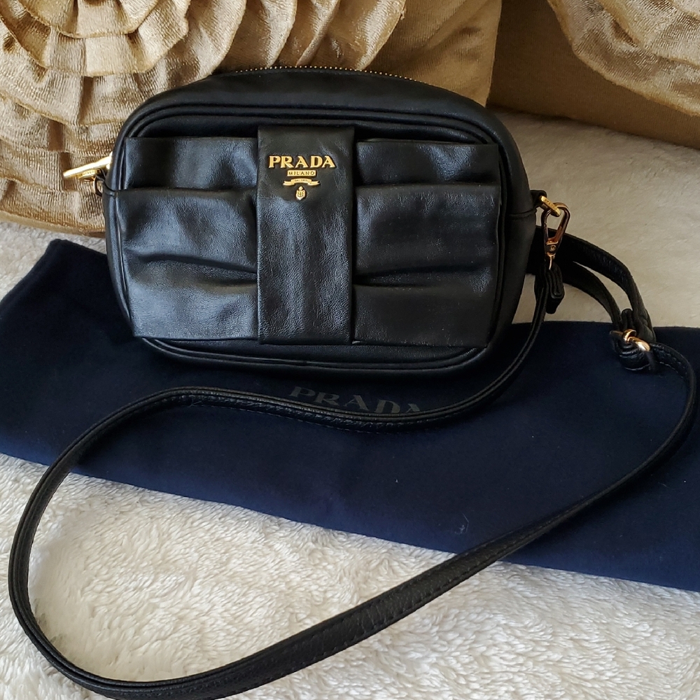 Authentic Prada Black  Small Leather Camera Bag with Gold Logo